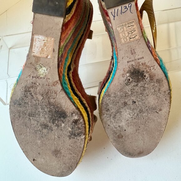 KATE SPADE SZ11 RAINBOW PLATFORM TAN PATENT LEATHER HIGH WEDGE ESPADRILLE SANDAL - Picture 6 of 8